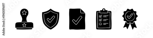 Quality control and verification icon set in black. Includes stamp, shield with checkmark, approved document, checklist, and certification ribbon. Ideal for business compliance and assurance.
