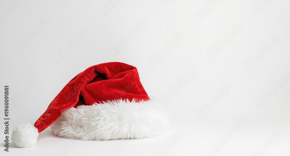 Naklejka premium Red velvet Santa hat featured by itself on pure white backdrop with copy space