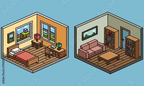 Two isometric rooms with furniture and decorations are shown side by side in a digital illustration.