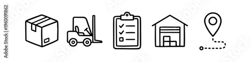 Set of black line icons for logistics, warehouse, and supply chain management, featuring a package, forklift, clipboard checklist, warehouse facility, and location tracking pin.