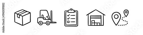 Set of hand-drawn logistics icons in minimalist black line art, featuring a box, forklift, checklist, warehouse building, and map route pins. Ideal for supply chain and delivery service graphics.