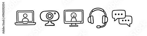 Doodle set of online communication and video conferencing icons featuring laptop, webcam, monitor, headset, and chat bubbles. Hand-drawn line art style for remote work and digital meeting themes.