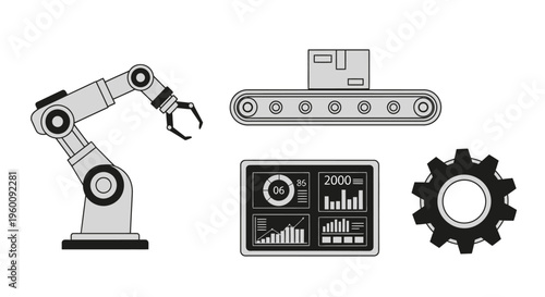 Industrial robotic arm and machinery parts.