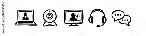 Set of hand-drawn video conference icons in doodle style. Includes laptop, webcam, monitor with video call, headset, and chat bubbles. Perfect for remote work and communication concepts.