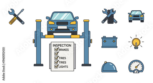 Car on a lift inspection station.