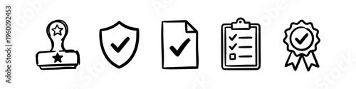 Set of hand-drawn quality assurance icons featuring a stamp, shield, document, checklist, and award seal with checkmarks, symbolizing approval, certification, reliability, and business success.