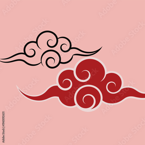 Stylized clouds in red and black on a pink background.
