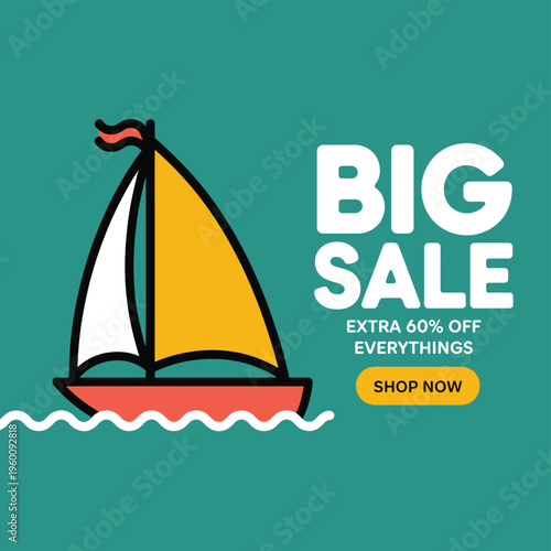 Big sale event with a sailboat and discount offer, announcing an extra 60% off everything with a shop now button.