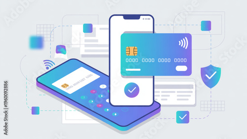 A vector graphic illustration of a mobile payment system with a smartphone, credit card, and secure icons