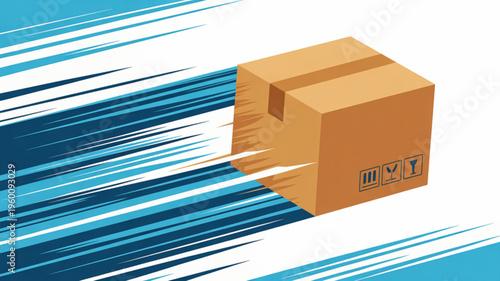 A vector graphic illustration of a cardboard box speeding through a blue and white background