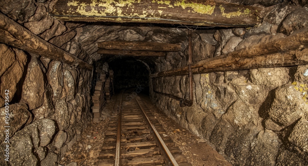 Fototapeta premium Historic mining shaft tunnel lined with aged beams