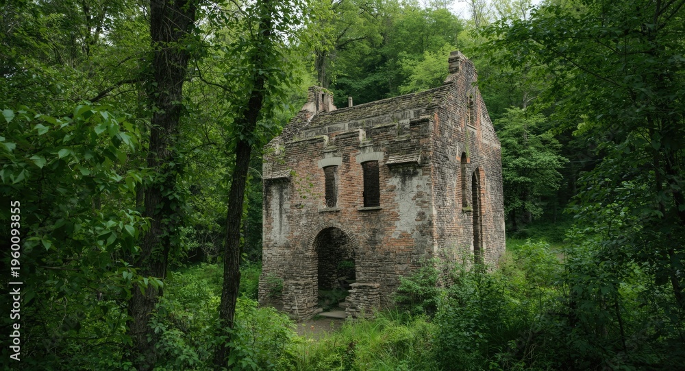 Obraz premium Dilapidated ancient castle hidden within lush woodland greenery