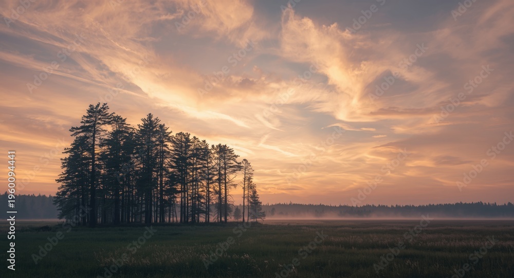 Fototapeta premium Radiant dusk sky with soft clouds over a quiet forested area