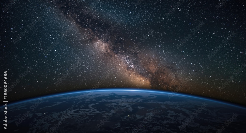 Fototapeta premium Outer space landscape showing Earth beneath a starry Milky Way sky