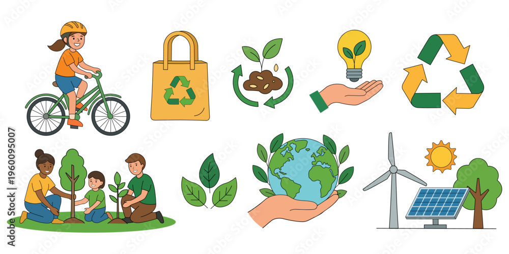 Fototapeta premium Ecology and environment protection concept set. People caring for nature, planting trees and cleaning planet in flat vector style.