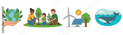 Ecology and environment protection concept set. People caring for nature, planting trees and cleaning planet in flat vector style.