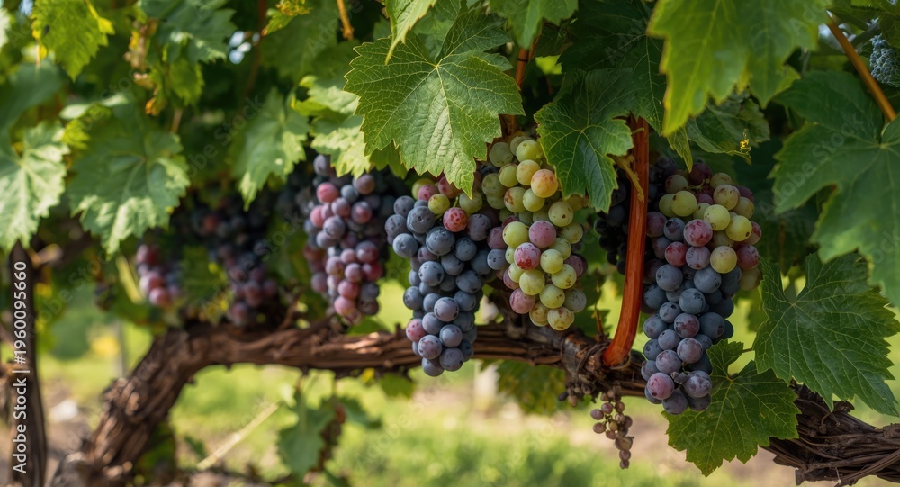 Fototapeta premium Grape clusters at peak ripeness among lush vineyard foliage