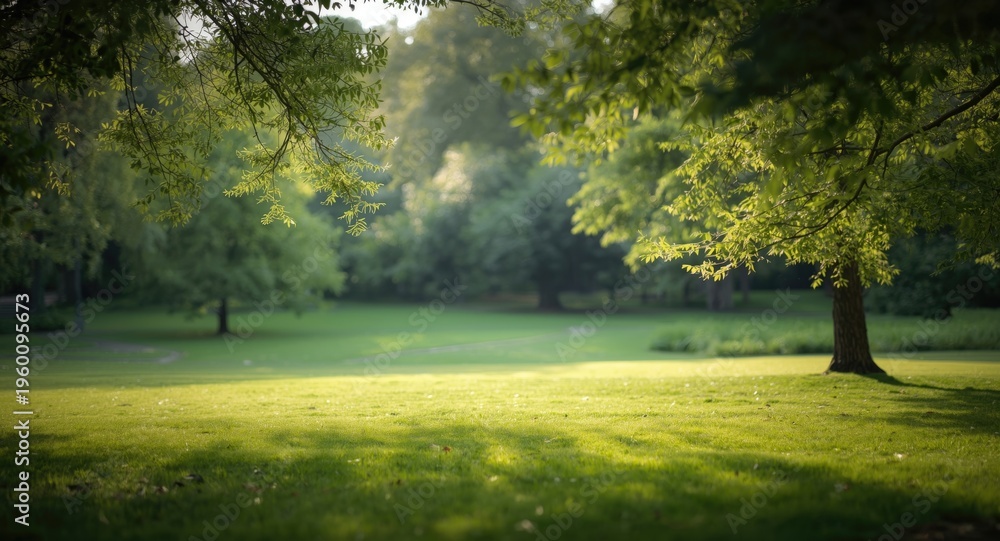 Fototapeta premium Quiet outdoor park scene with soft glowing light and blurred dense foliage over lush green lawns