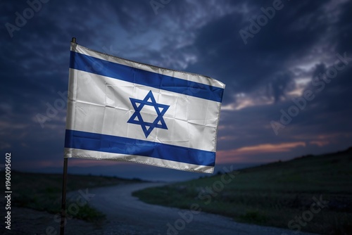 Waving Israeli Flag on Rural Road at Dusk for National Identity Zionism and Independence Day Celebration Background