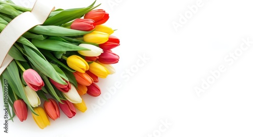 Colorful tulip bouquet with banner on bright white backdrop