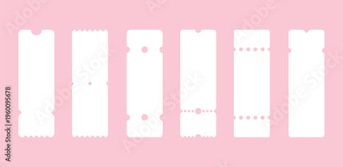Set of white blank tickets mockup. Empty flat template Tickets. For cinema, sale coupon, circus, theater, festival. Minimalist coupons set. Isolated background