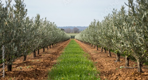 Green olive saplings prospering in uniform rows on fertile agricultural grounds