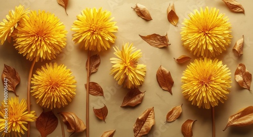 Wall mural wallpaper in 3D style displaying golden dandelion clusters and brown leaves on beige