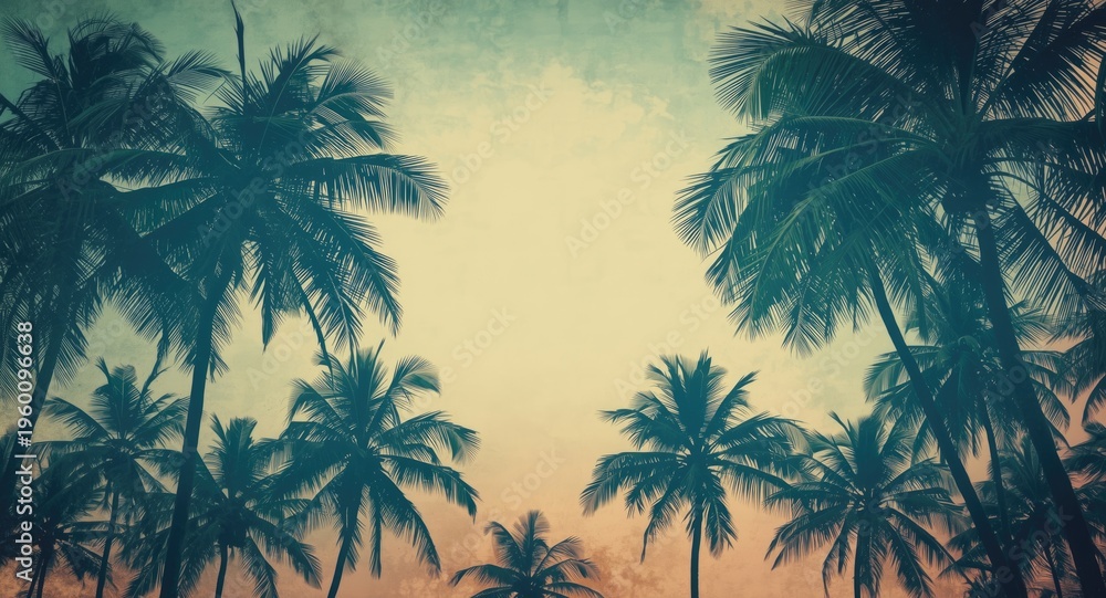 Fototapeta premium Coconut palm silhouettes in a tropical setting enhanced by vintage hues