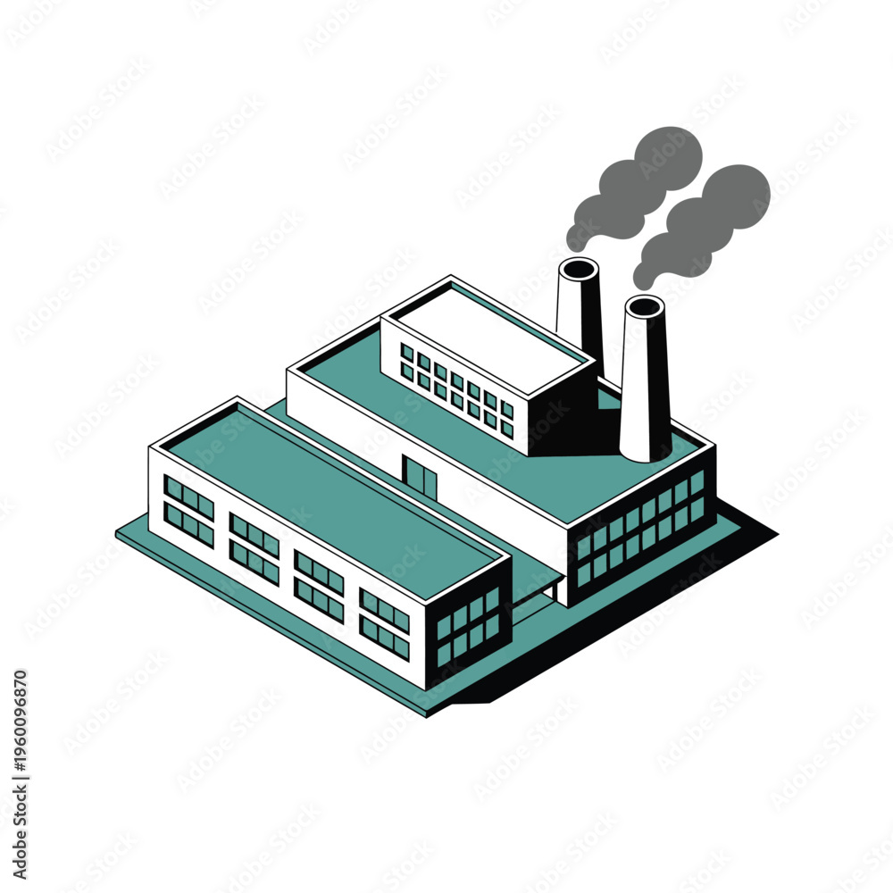 Fototapeta premium An industrial factory building with smokestacks emitting smoke against a white background.