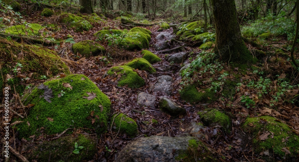 Fototapeta premium Green moss enveloping stones on a secluded forest walking trail