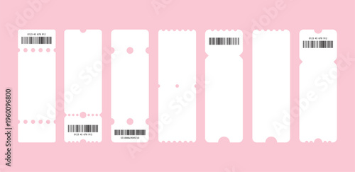 Set of white blank tickets mockup. Empty flat template Tickets. For cinema, sale coupon, circus, theater, festival. Minimalist coupons set. Isolated background