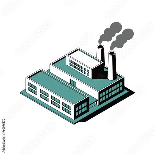 An industrial factory building with smokestacks emitting smoke against a white background.