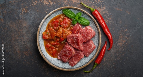 Plate of raw beef meat with...