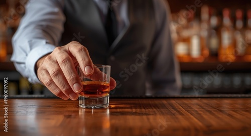 Mans hand with shot glass o...