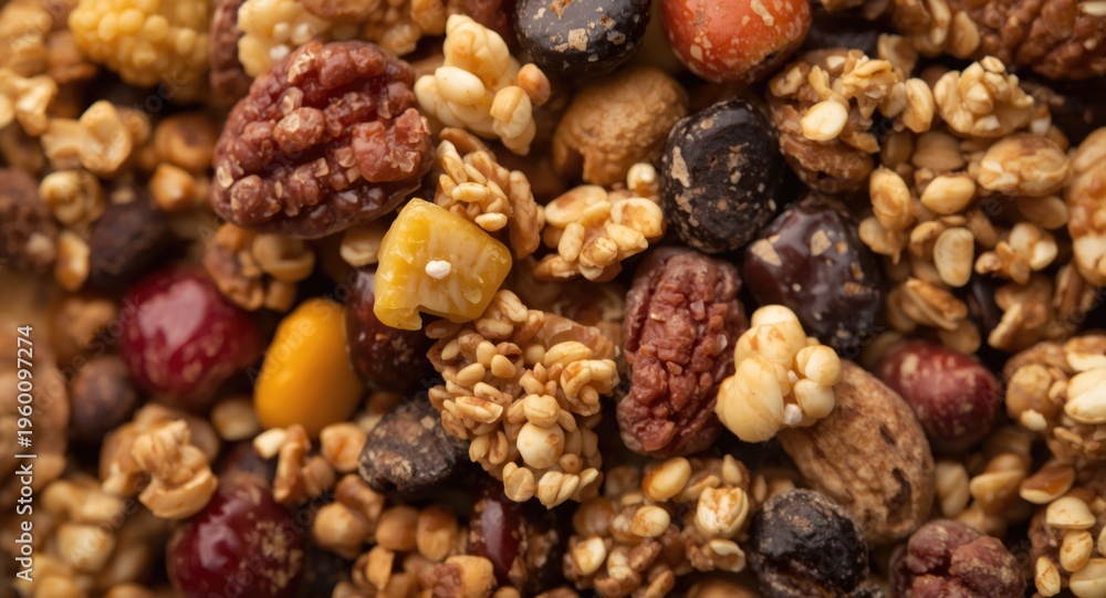 Obraz premium Hiking gorp snack combining dried fruit nuts granola and candy