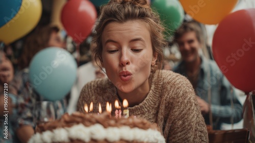 Wallpaper Mural Birthday celebration theme for party event. A woman blowing out candles on a birthday cake surrounded by a group of people. The cake is adorned with lit candles. Torontodigital.ca