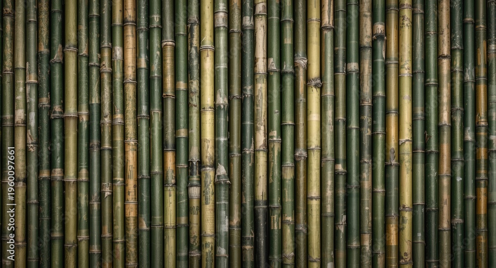 Fototapeta premium Patterned bamboo stalks aligned vertically producing a natural textured background with mixed green and brown colors