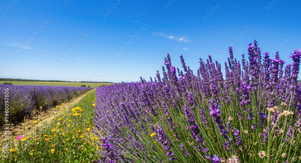 Fototapeta premium Purple lavender and wild poppy flowers flourishing in a sunlit farm field with clear sky