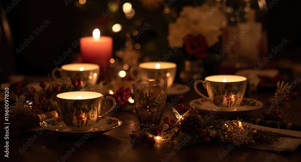 Naklejka premium Intimate festive tea occasion featuring illuminated cups and holiday embellishments
