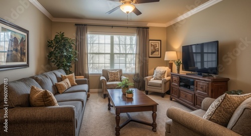 snug living room arrangement including cushy chairs and a functional entertainment station