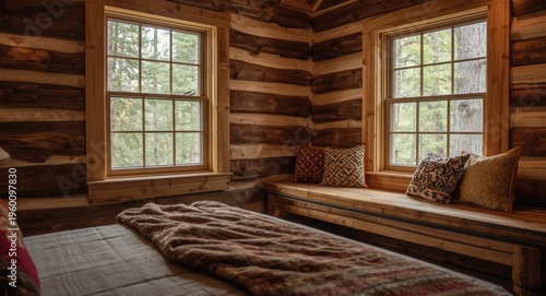 Homey log cabin bedroom sce...