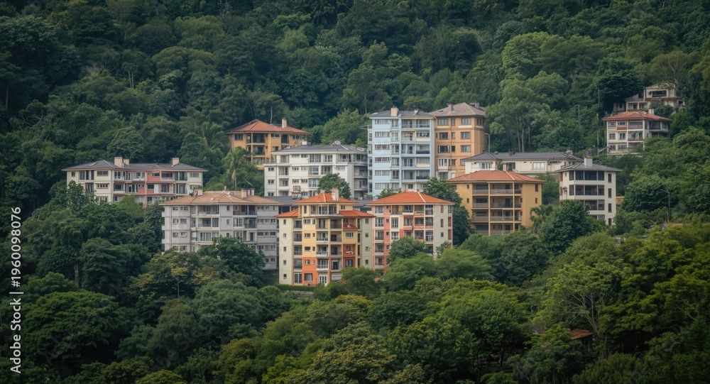 Obraz premium Collection of colorful flat buildings nestled in dense greenery