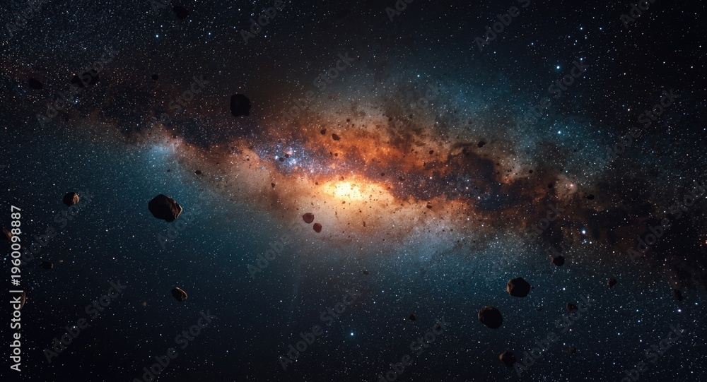 Fototapeta premium Glowing Milky Way core surrounded by drifting asteroid chunks
