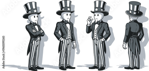 Independence day celebration patriotic cartoon characters wearing top hats