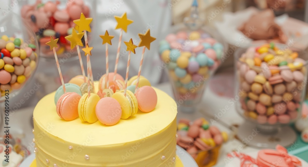 Naklejka premium Joyful yellow birthday cake topped with star decorations and macarons at a candy buffet