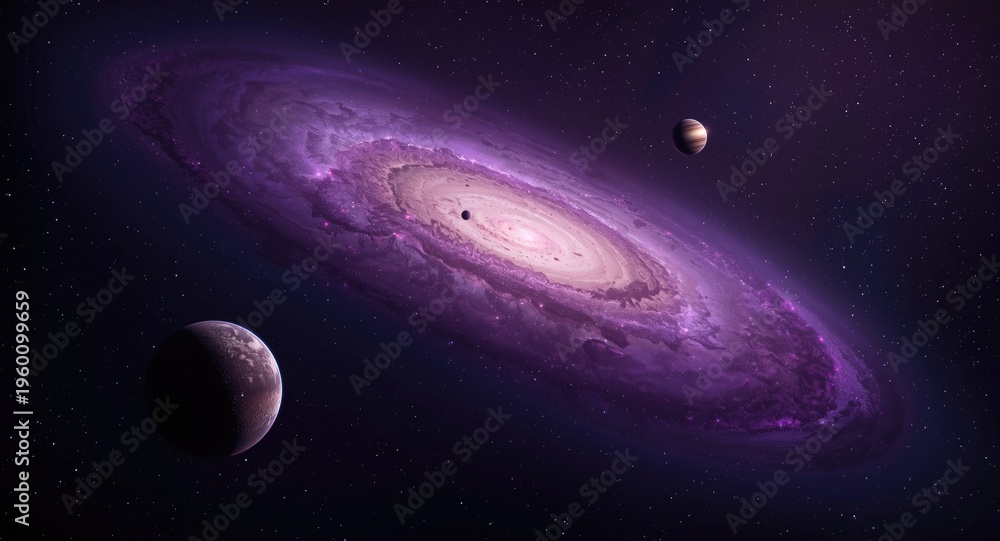 Fototapeta premium Purple galaxy disk with three planets floating in space
