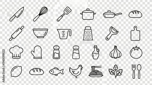 Collection of kitchen utensils and food icons.