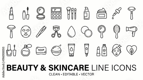 Beauty and skincare line icons set.