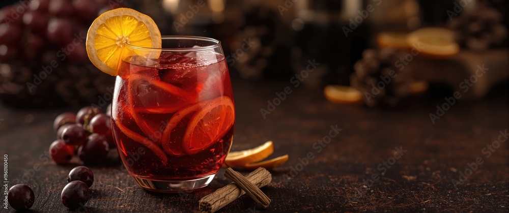 Naklejka premium Red sangria with grapes and orange slices crafted for warming holiday celebrations