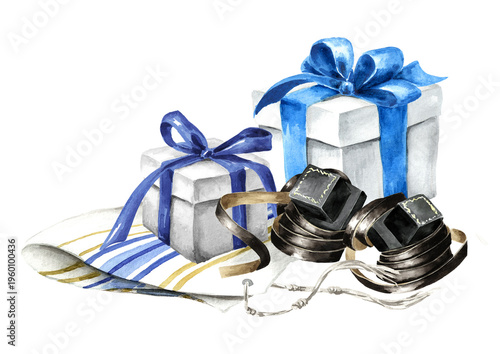 Tableau sur toile Bar Mitzvah concept, Jewish religious symbols, ritual objects, a pair of prayer tefillins, tefilin and gift boxes